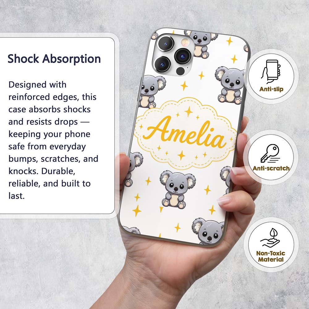 Cute Cartoon Koala Bears with Yellow Stars on Custom Name Protective Phone Case Mobile Cover Durable Everyday Smartphone Shock Resistant