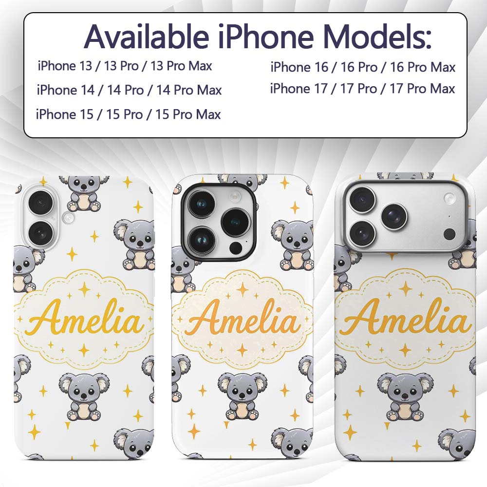Cute Cartoon Koala Bears with Yellow Stars on Custom Name Protective Phone Case Mobile Cover Durable Everyday Smartphone Shock Resistant