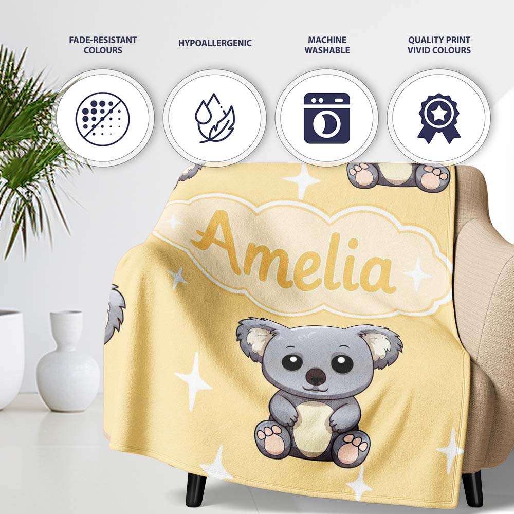 Cute Baby Koala Bears on Soft Beige Background Seamless Pattern  Personalised Custom Name Super Soft Fleece Blanket Bed Sofa Throw