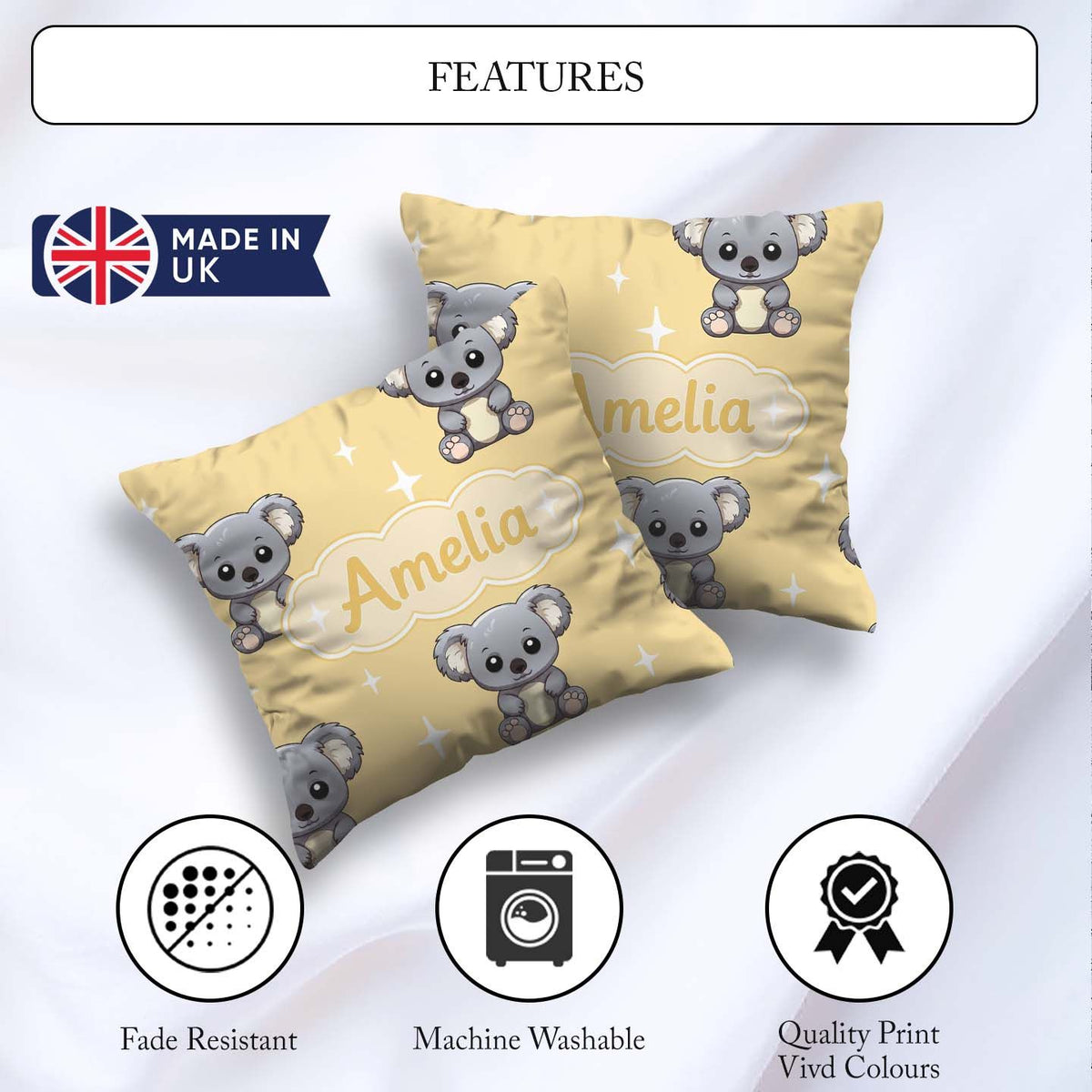 Custom Name Cute Baby Koala Bears on Soft Beige Seamless Pattern Square Filled Cushion Throw Pillow Sofa Bed Home Decor Zip Washable UK Made