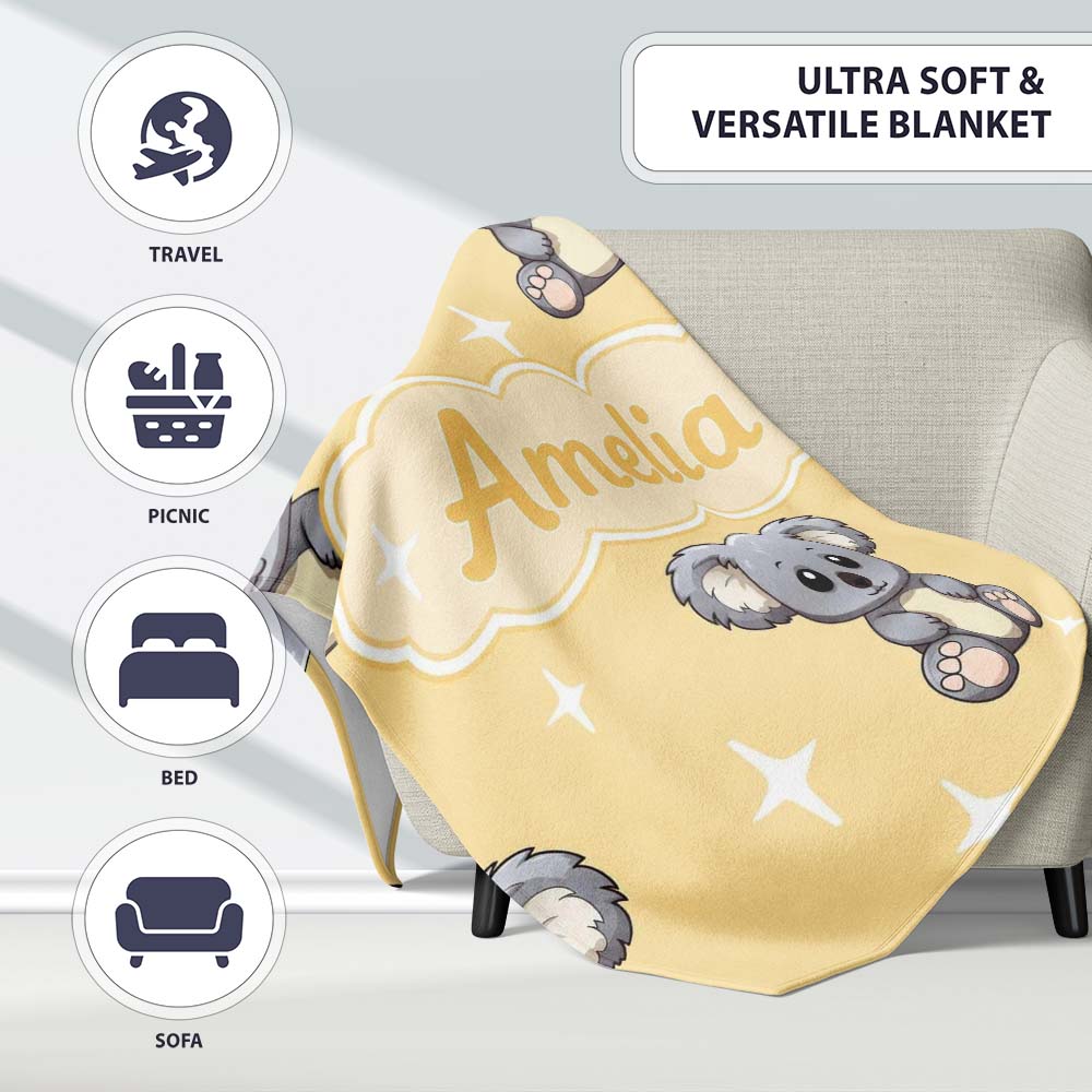 Cute Baby Koala Bears on Soft Beige Background Seamless Pattern  Personalised Custom Name Super Soft Fleece Blanket Bed Sofa Throw