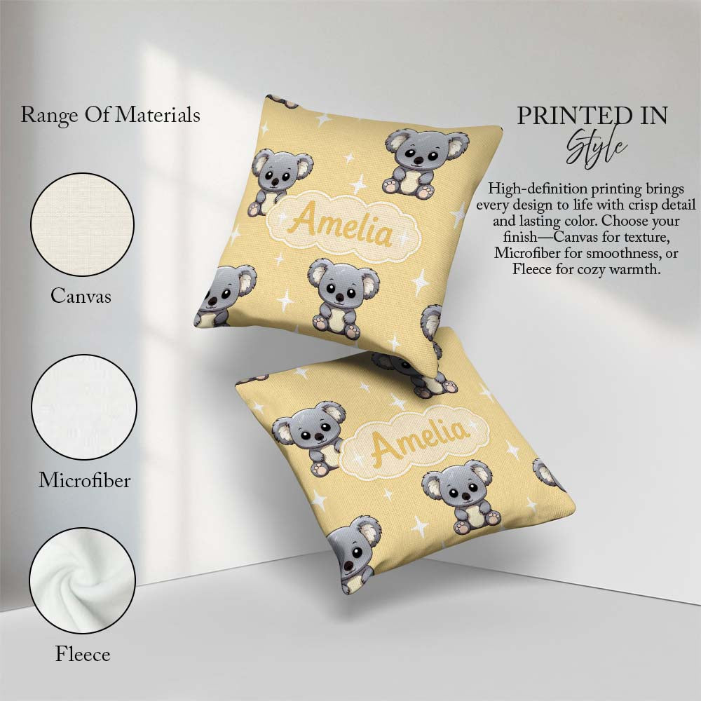 Custom Name Cute Baby Koala Bears on Soft Beige Seamless Pattern Square Filled Cushion Throw Pillow Sofa Bed Home Decor Zip Washable UK Made