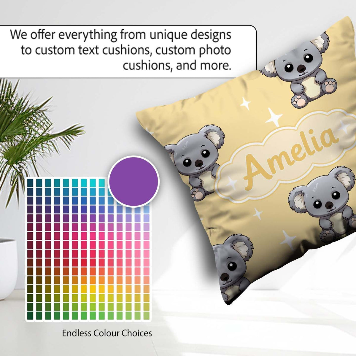 Custom Name Cute Baby Koala Bears on Soft Beige Seamless Pattern Square Filled Cushion Throw Pillow Sofa Bed Home Decor Zip Washable UK Made