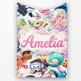 Cute Underwater Ocean Animals Mermaid Dolphin Turtle Seamless Lovely  Personalised Custom Name Super Soft Fleece Blanket Bed Sofa Throw