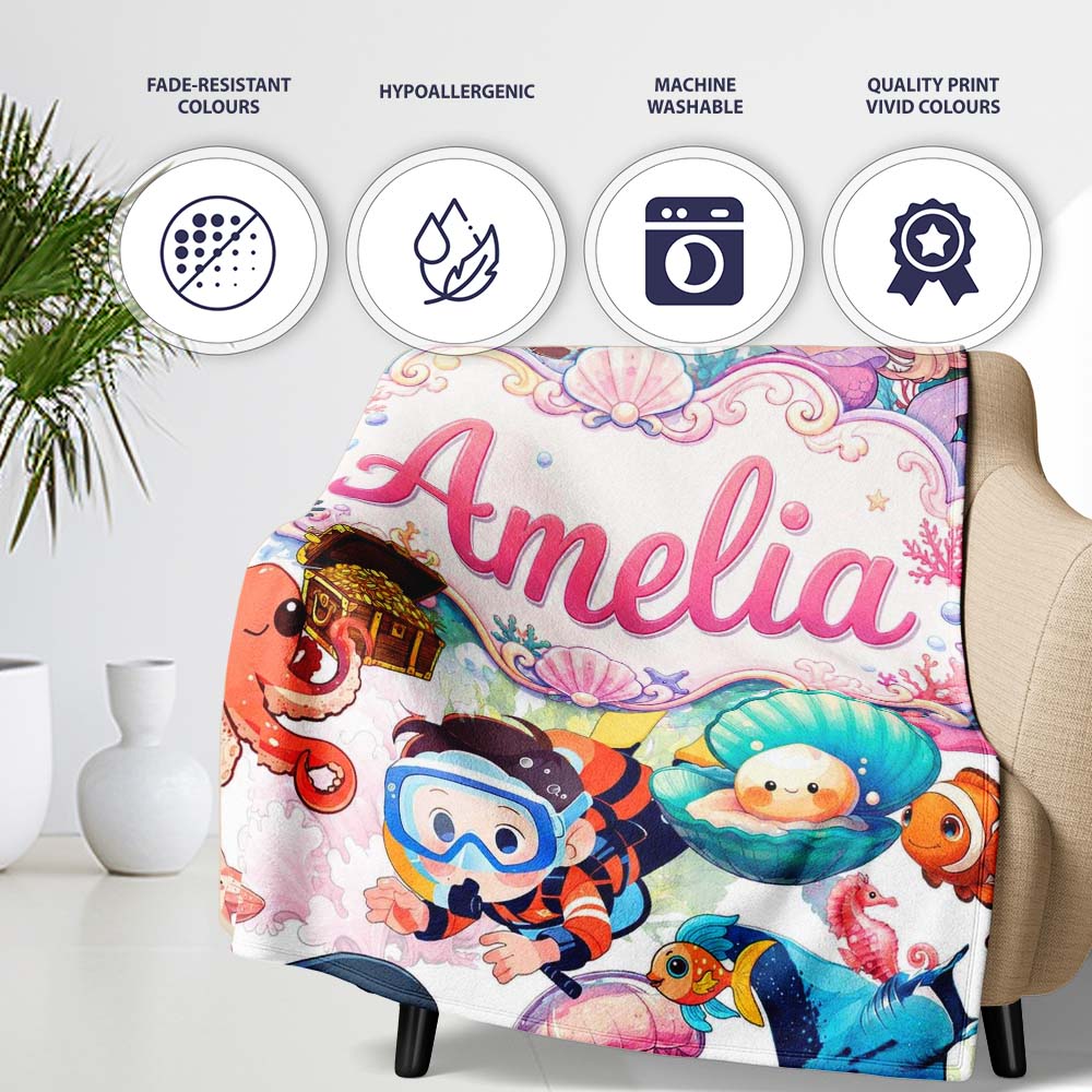 Cute Underwater Ocean Animals Mermaid Dolphin Turtle Seamless Lovely  Personalised Custom Name Super Soft Fleece Blanket Bed Sofa Throw