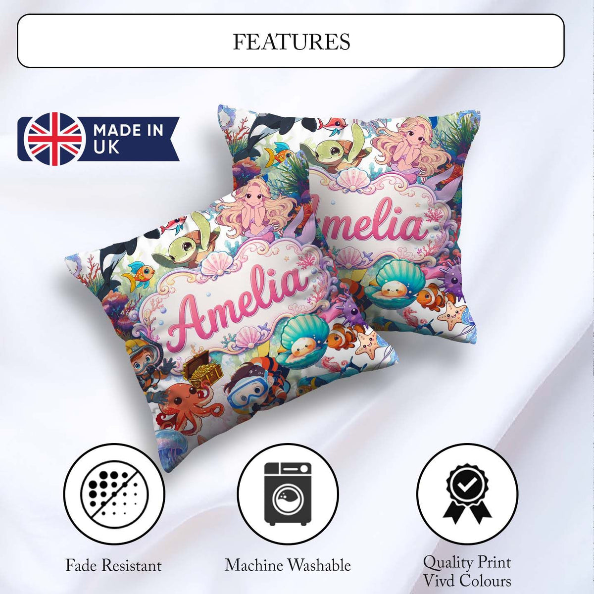 Custom Name Cute Underwater Ocean Animals Mermaid Dolphin Turtle Square Filled Cushion Throw Pillow Sofa Bed Home Decor Zip Washable UK Made