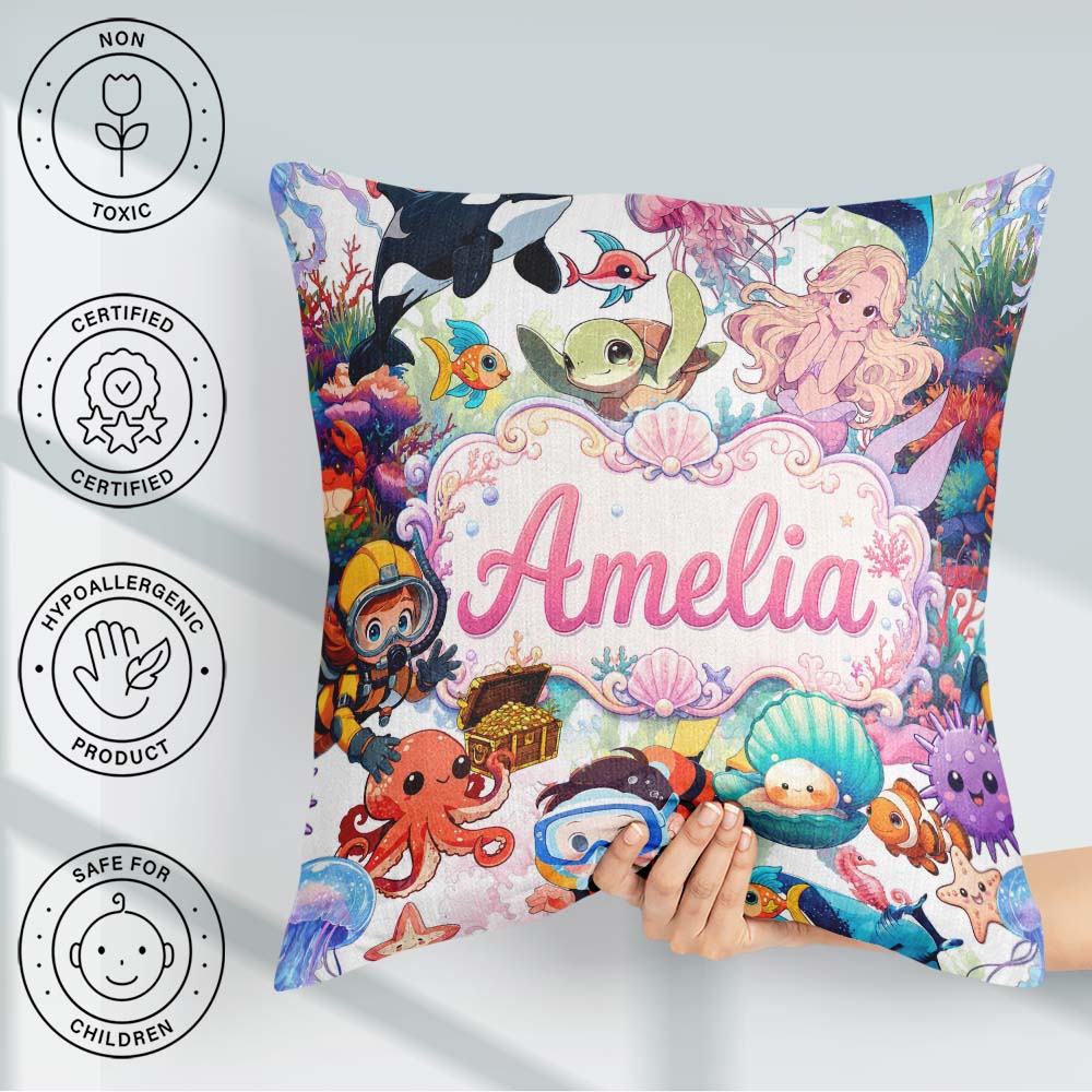 Custom Name Cute Underwater Ocean Animals Mermaid Dolphin Turtle Square Filled Cushion Throw Pillow Sofa Bed Home Decor Zip Washable UK Made