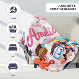 Cute Underwater Ocean Animals Mermaid Dolphin Turtle Seamless Lovely  Personalised Custom Name Super Soft Fleece Blanket Bed Sofa Throw