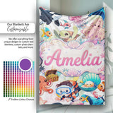 Cute Underwater Ocean Animals Mermaid Dolphin Turtle Seamless Lovely  Personalised Custom Name Super Soft Fleece Blanket Bed Sofa Throw