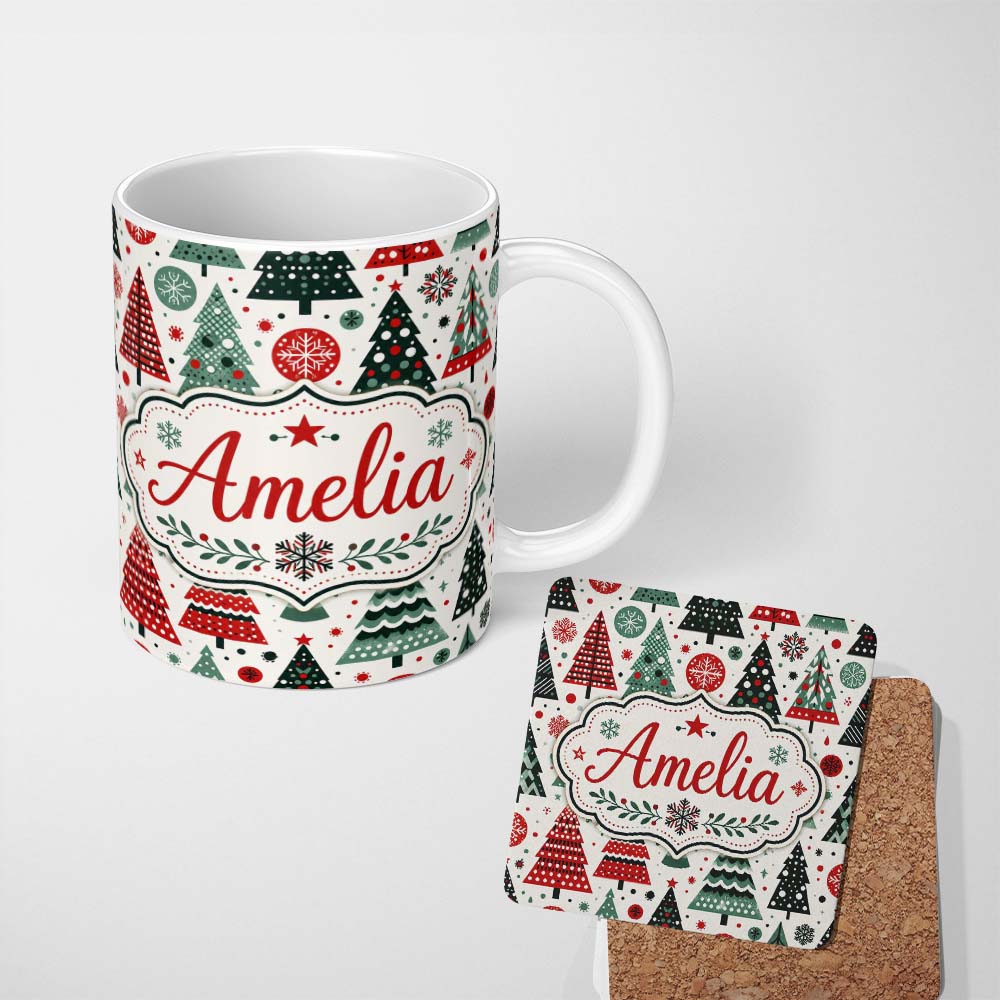 Personalized Custom Name Minimal Christmas Trees and Snowflake Shapes in Red Green Style 11oz Ceramic Coffee Tea Mug White Large Handle