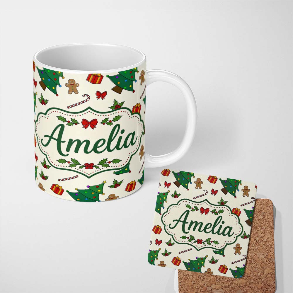 Personalized Custom Name Cute Christmas Trees with Gingerbread Candy Canes and Gifts Seamless 11oz Ceramic Coffee Tea Mug White Large Handle