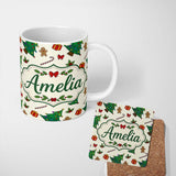 Personalized Custom Name Cute Christmas Trees with Gingerbread Candy Canes and Gifts Seamless 11oz Ceramic Coffee Tea Mug White Large Handle