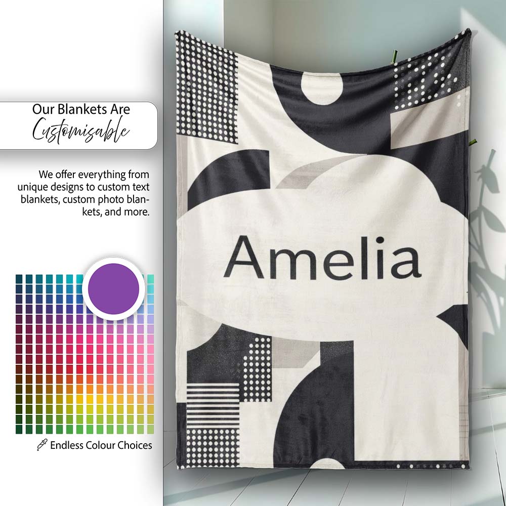 Modern Geometric Circles Black Cream Mid Century Abstract Pattern  Personalised Custom Name Super Soft Fleece Blanket Bed Sofa Throw