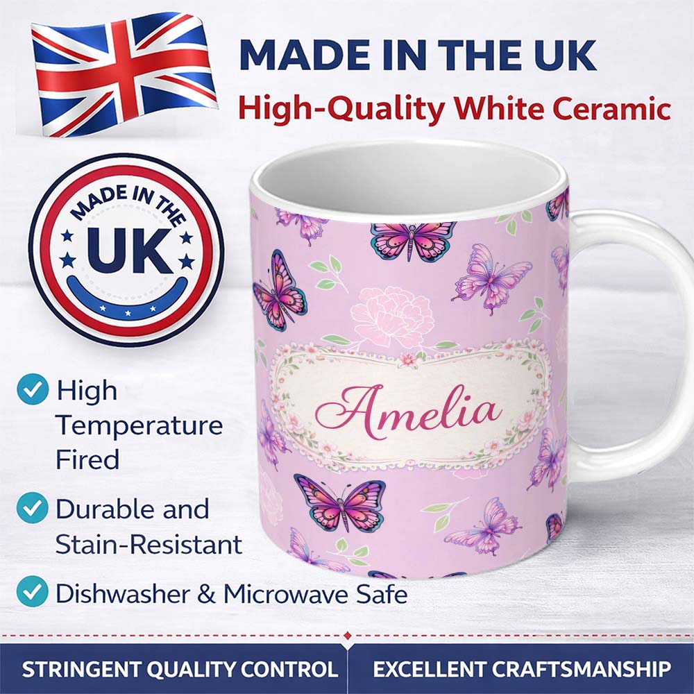 Personalized Custom Name Pink Purple Butterfly Floral Lavender Background Seamless Pattern 11oz Ceramic Coffee Tea Mug White Large Handle