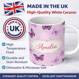 Personalized Custom Name Pink Purple Butterfly Floral Lavender Background Seamless Pattern 11oz Ceramic Coffee Tea Mug White Large Handle