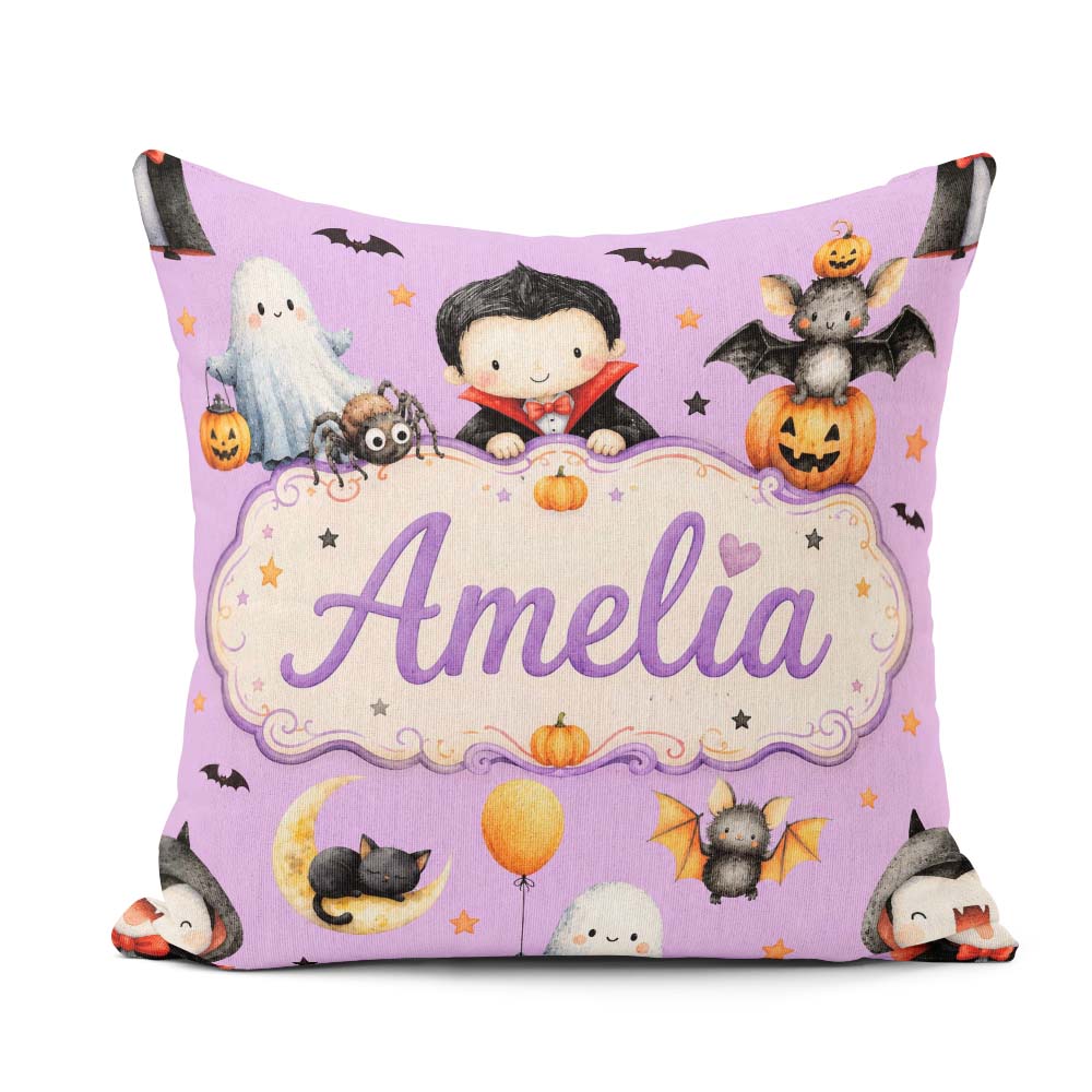 Custom Name Cute Halloween Dracula Ghost Bats on Purple Seamless Square Filled Cushion Throw Pillow Sofa Bed Home Decor Zip Washable UK Made