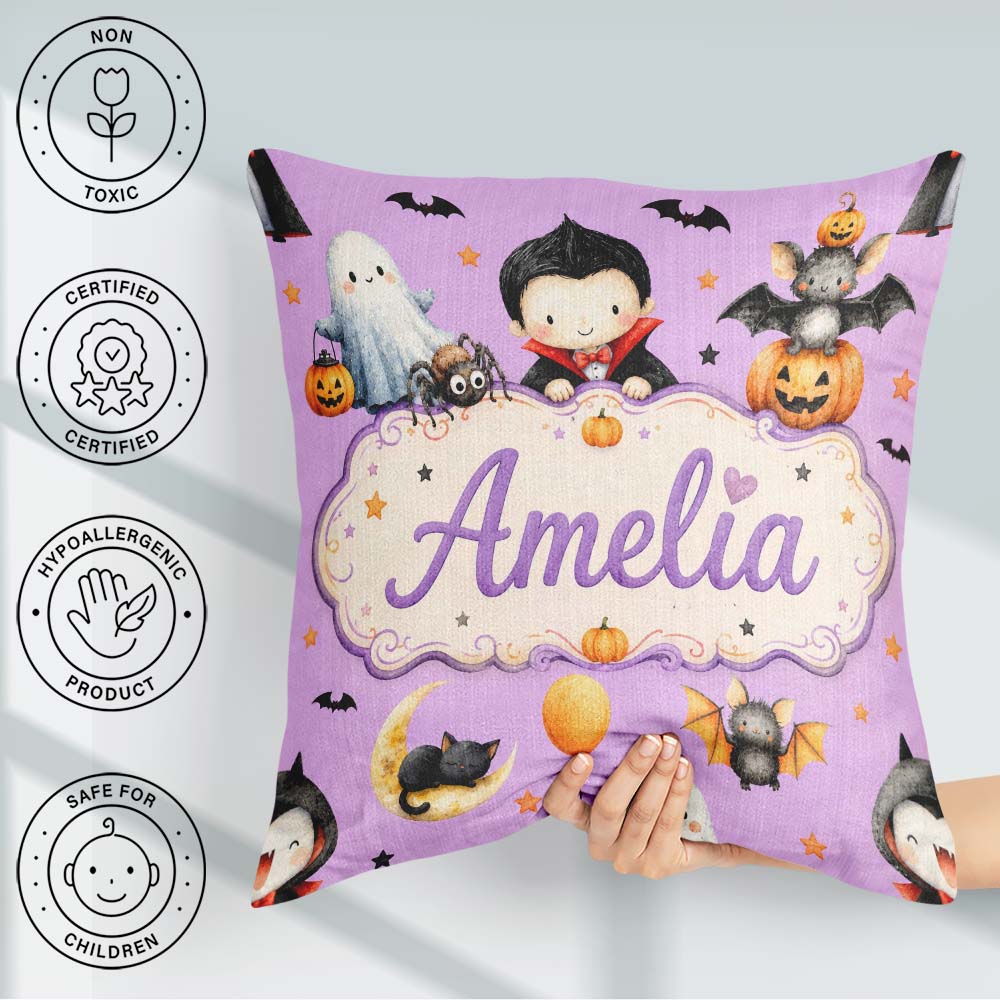 Custom Name Cute Halloween Dracula Ghost Bats on Purple Seamless Square Filled Cushion Throw Pillow Sofa Bed Home Decor Zip Washable UK Made