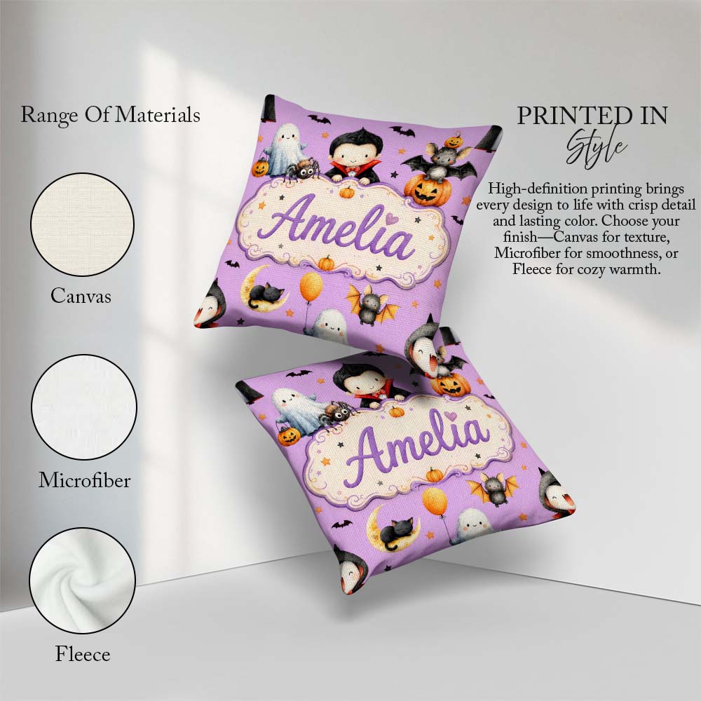 Custom Name Cute Halloween Dracula Ghost Bats on Purple Seamless Square Filled Cushion Throw Pillow Sofa Bed Home Decor Zip Washable UK Made