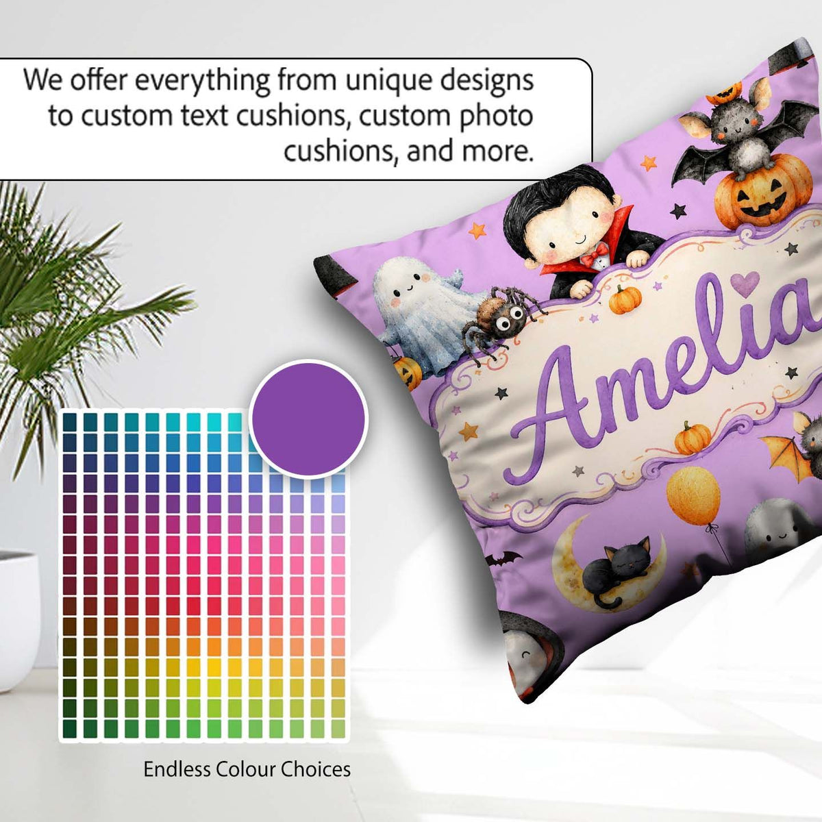Custom Name Cute Halloween Dracula Ghost Bats on Purple Seamless Square Filled Cushion Throw Pillow Sofa Bed Home Decor Zip Washable UK Made