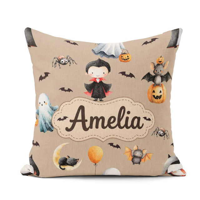Custom Name Cute Dracula Ghost Bats on Brown Background Seamless Square Filled Cushion Throw Pillow Sofa Bed Home Decor Zip Washable UK Made