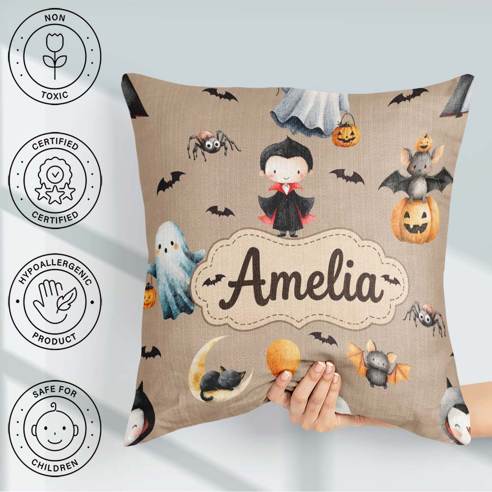 Custom Name Cute Dracula Ghost Bats on Brown Background Seamless Square Filled Cushion Throw Pillow Sofa Bed Home Decor Zip Washable UK Made