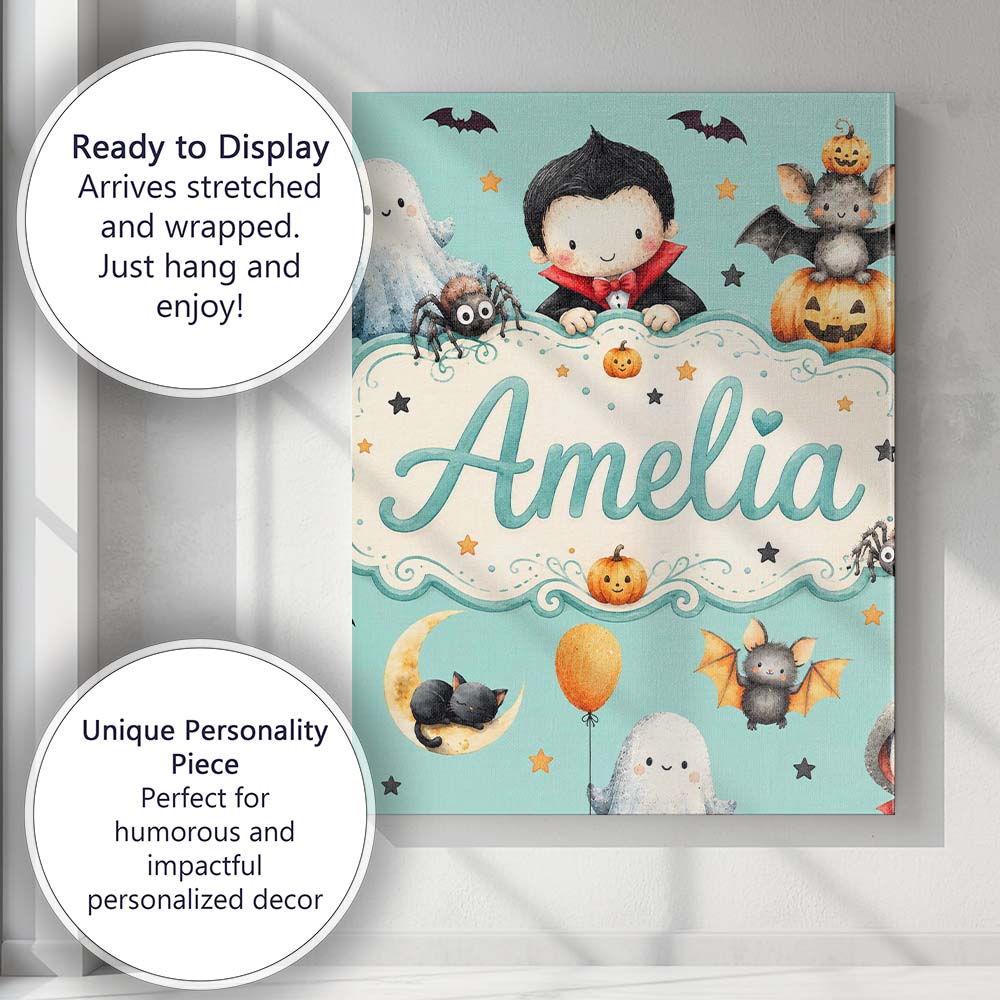 Personalised Name Cute Halloween Dracula Custom  Unique Gift Idea Elegant Feature Canvas Wall Art Print Decor Picture Ready to Hang