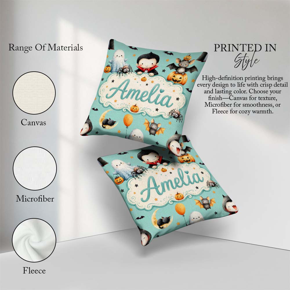 Custom Name Dracula Ghost Bats on Mint Green Background Seamless Square Filled Cushion Throw Pillow Sofa Bed Home Decor Zip Washable UK Made