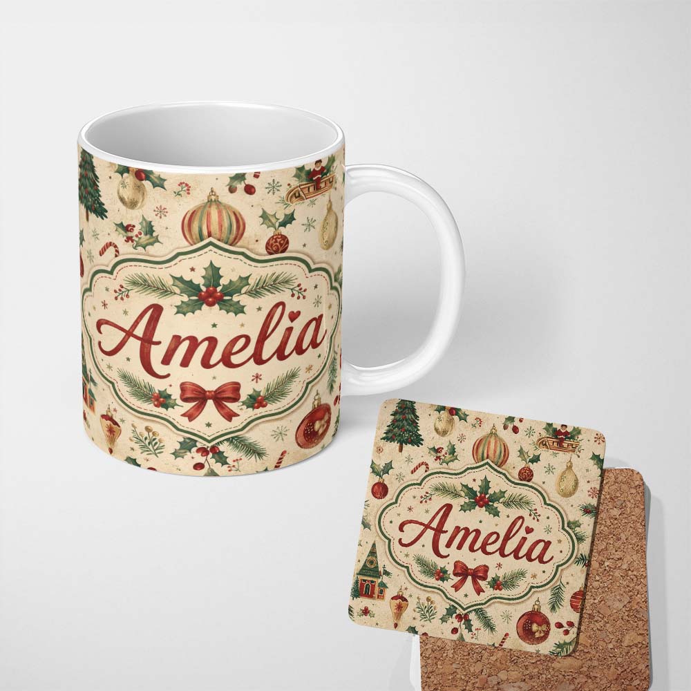 Personalized Custom Name Vintage Christmas Baubles Holly Leaves Pine Branches and Festive 11oz Ceramic Coffee Tea Mug White Large Handle