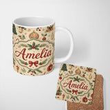 Personalized Custom Name Vintage Christmas Baubles Holly Leaves Pine Branches and Festive 11oz Ceramic Coffee Tea Mug White Large Handle