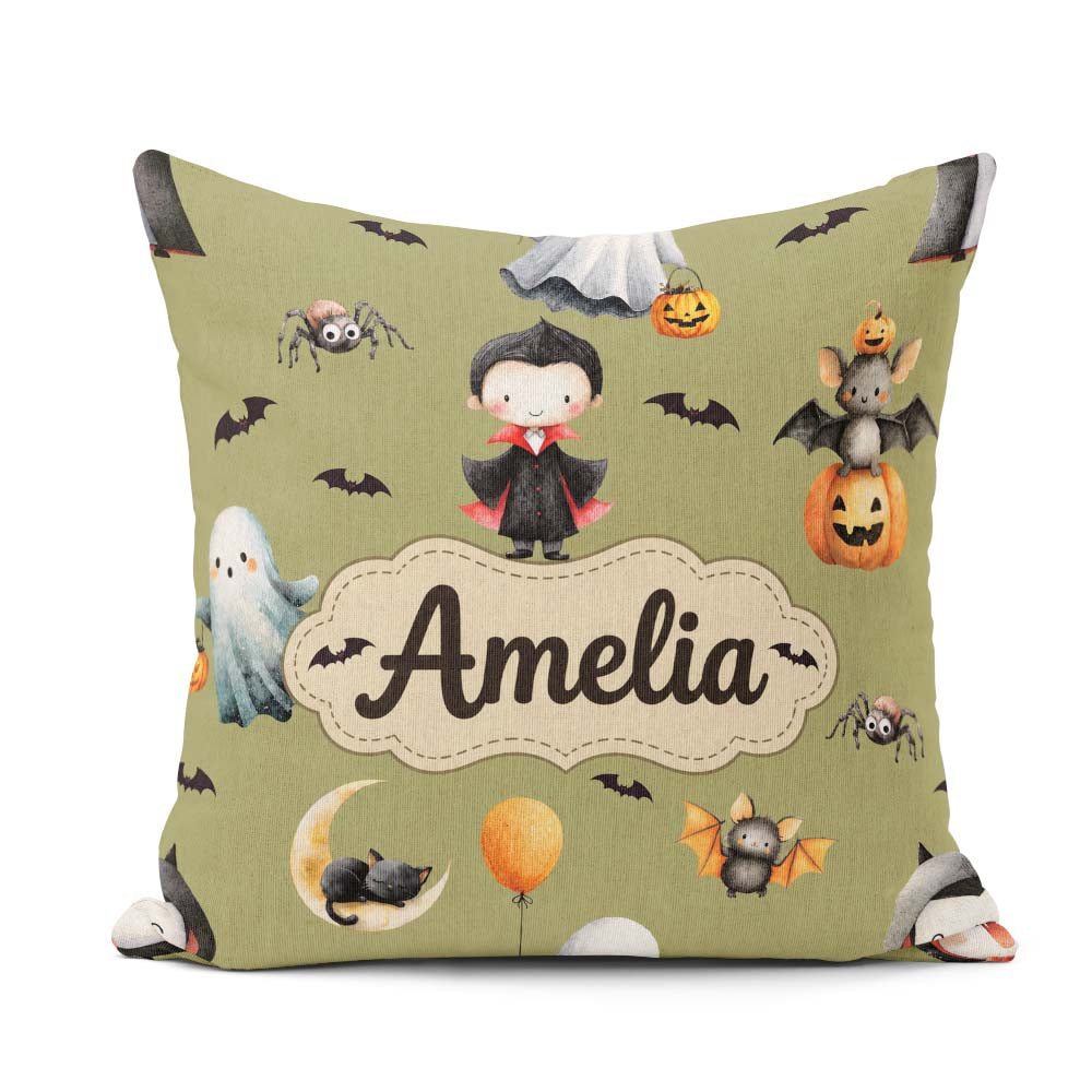Custom Name Halloween Dracula Ghost Bats on Olive Green Seamless Square Filled Cushion Throw Pillow Sofa Bed Home Decor Zip Washable UK Made