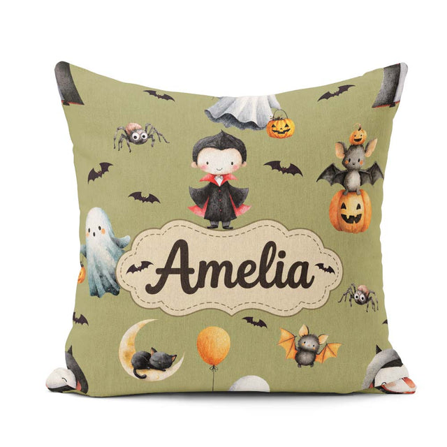 Custom Name Halloween Dracula Ghost Bats on Olive Green Seamless Square Filled Cushion Throw Pillow Sofa Bed Home Decor Zip Washable UK Made