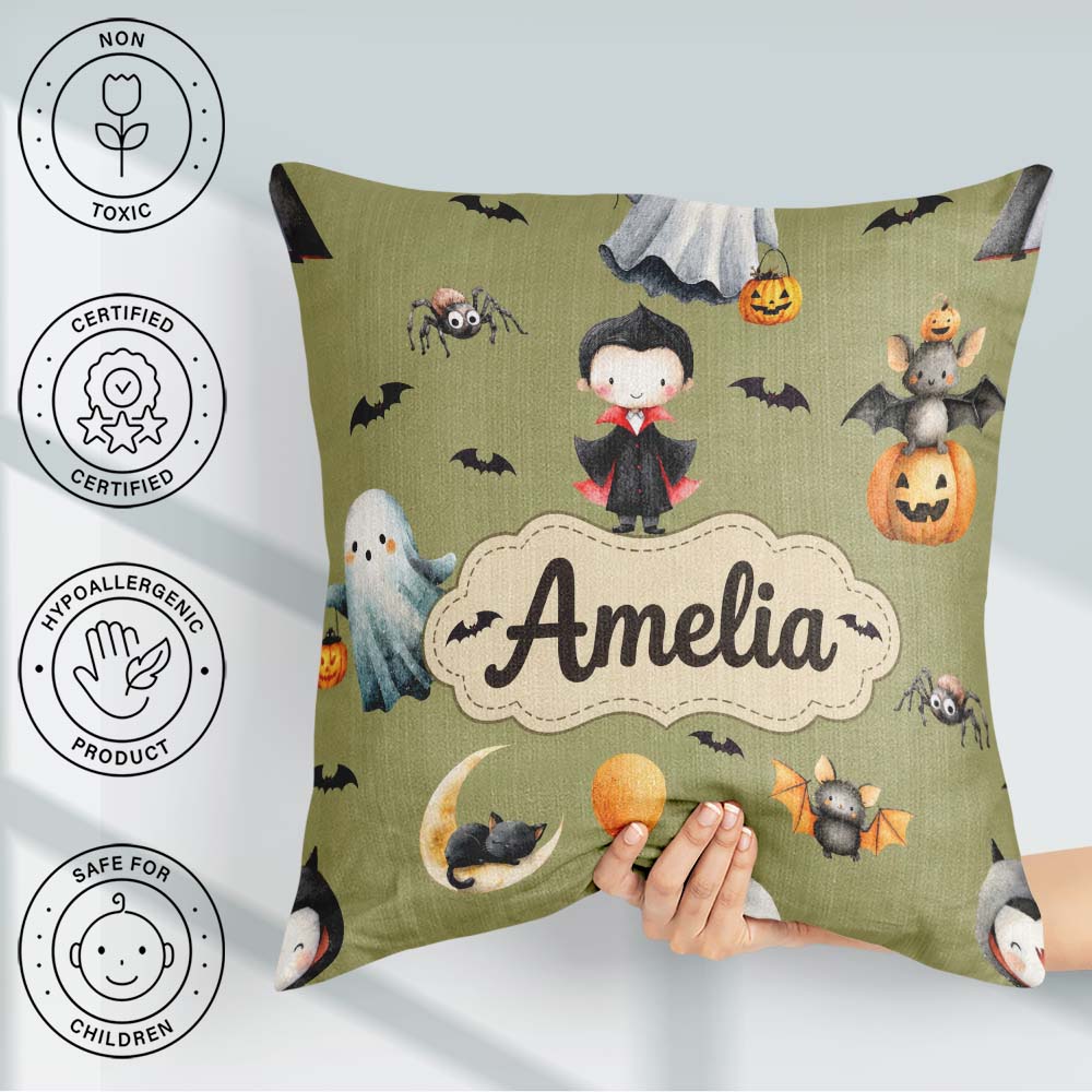 Custom Name Halloween Dracula Ghost Bats on Olive Green Seamless Square Filled Cushion Throw Pillow Sofa Bed Home Decor Zip Washable UK Made