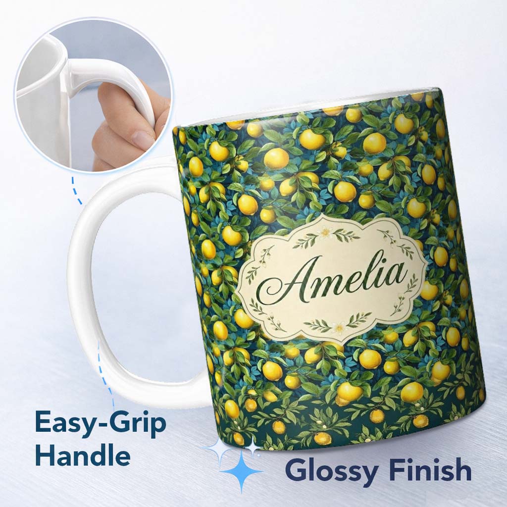 Personalized Custom Name Rich Blue Background with Vibrant Lemon Tree Branches Seamless 11oz Ceramic Coffee Tea Mug White Large Handle
