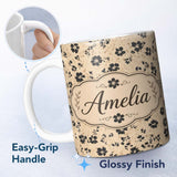 Personalized Custom Name Ditsy Black Floral on Soft Beige Background with Subtle Animal Print 11oz Ceramic Coffee Tea Mug White Large Handle