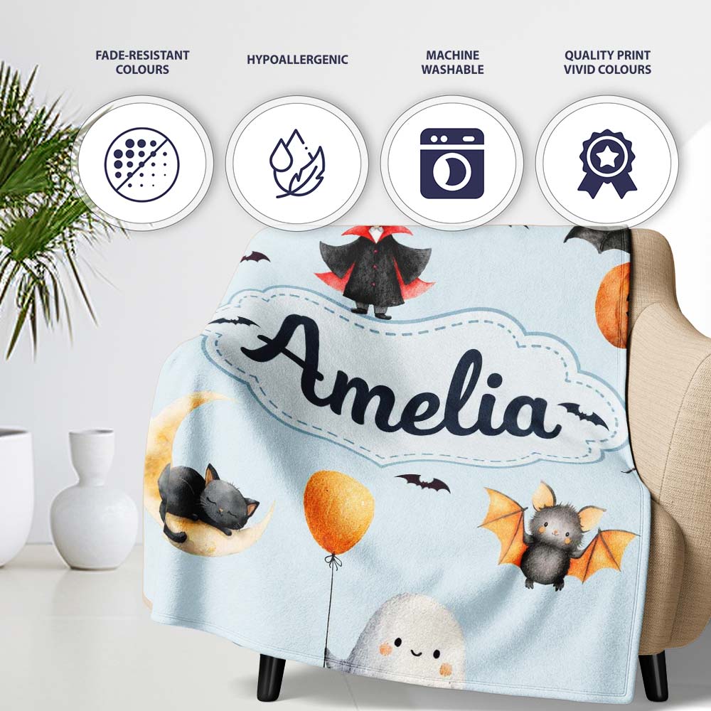 Cute Halloween Dracula Ghost Bats on Soft Blue Background Seamless  Personalised Custom Name Super Soft Fleece Blanket Bed Sofa Throw