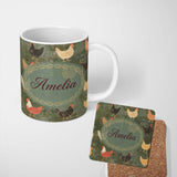 Personalized Custom Name Rustic Chicken Hen Farmyard on Distressed Green Background Seamless 11oz Ceramic Coffee Tea Mug White Large Handle