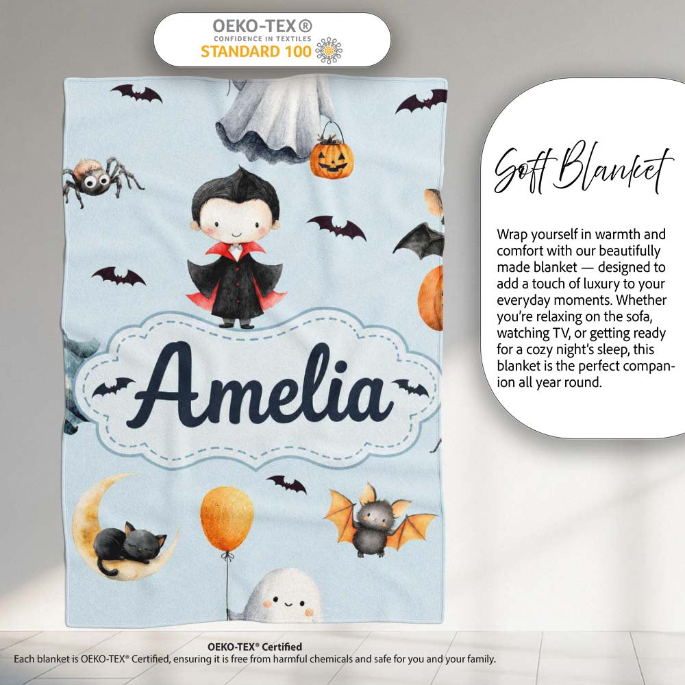 Cute Halloween Dracula Ghost Bats on Soft Blue Background Seamless  Personalised Custom Name Super Soft Fleece Blanket Bed Sofa Throw