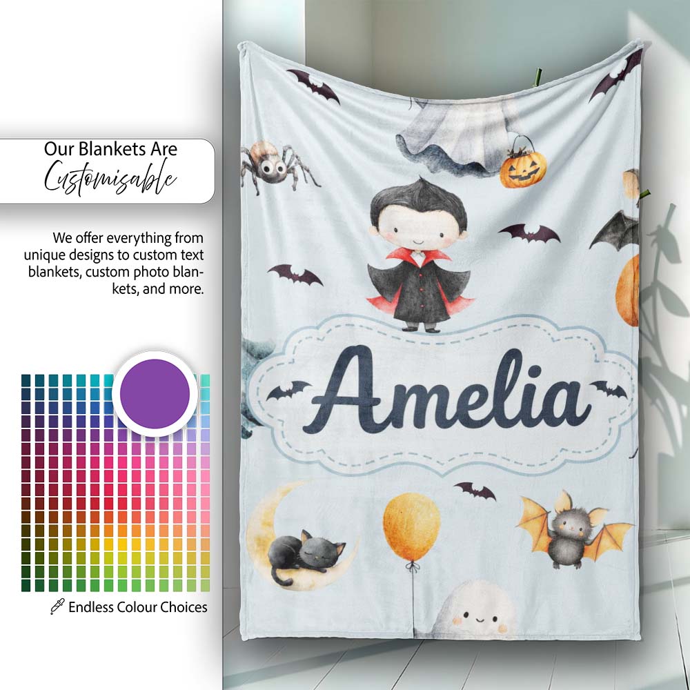 Cute Halloween Dracula Ghost Bats on Soft Blue Background Seamless  Personalised Custom Name Super Soft Fleece Blanket Bed Sofa Throw