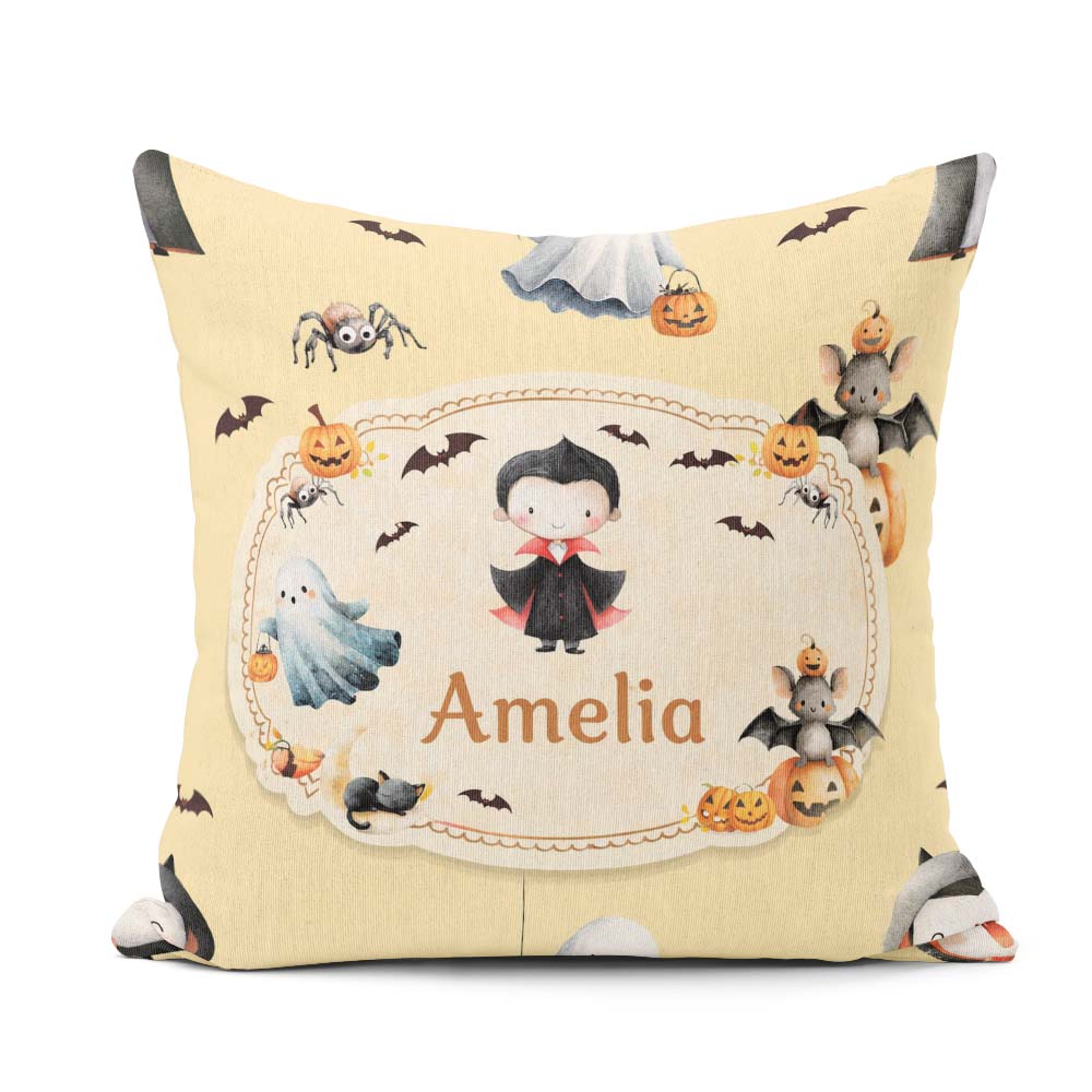 Custom Name Dracula Ghost Bats on Warm Beige Background Seamless Square Filled Cushion Throw Pillow Sofa Bed Home Decor Zip Washable UK Made