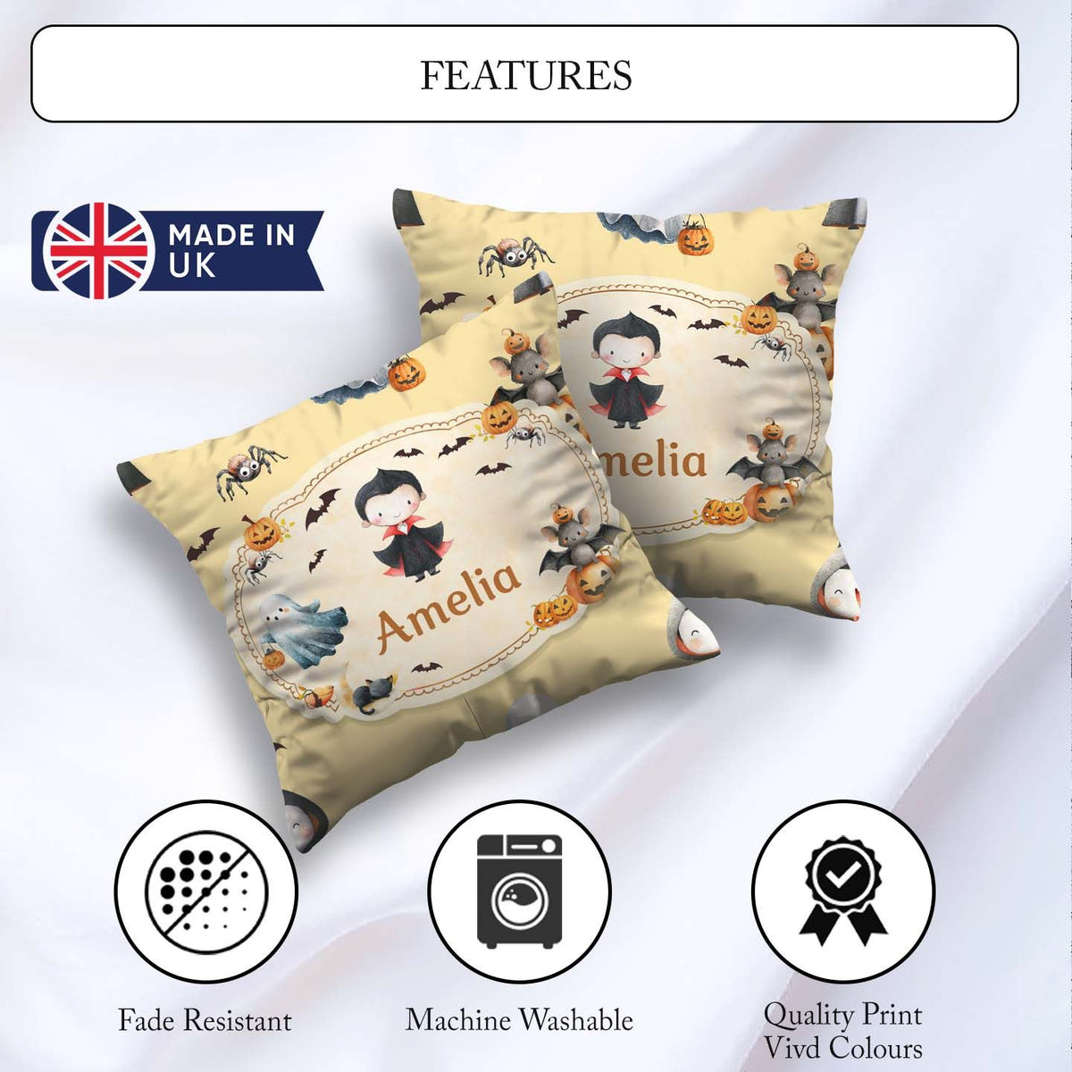 Custom Name Dracula Ghost Bats on Warm Beige Background Seamless Square Filled Cushion Throw Pillow Sofa Bed Home Decor Zip Washable UK Made