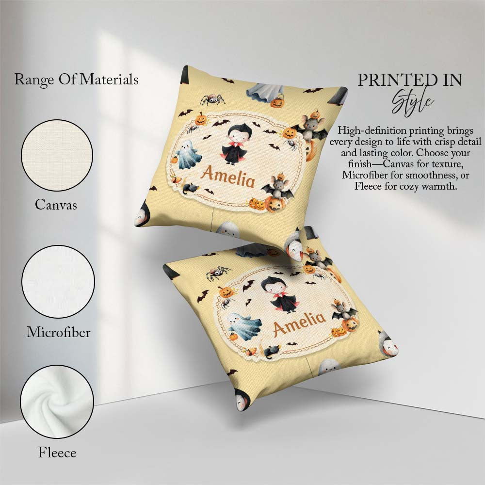 Custom Name Dracula Ghost Bats on Warm Beige Background Seamless Square Filled Cushion Throw Pillow Sofa Bed Home Decor Zip Washable UK Made
