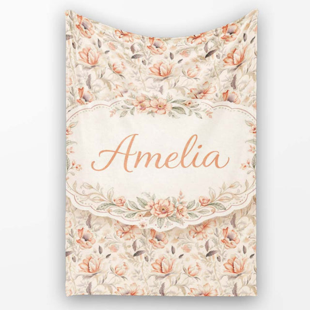 Elegant Peach Floral Blossoms on Soft Cream Background Seamless  Personalised Custom Name Super Soft Fleece Blanket Bed Sofa Throw