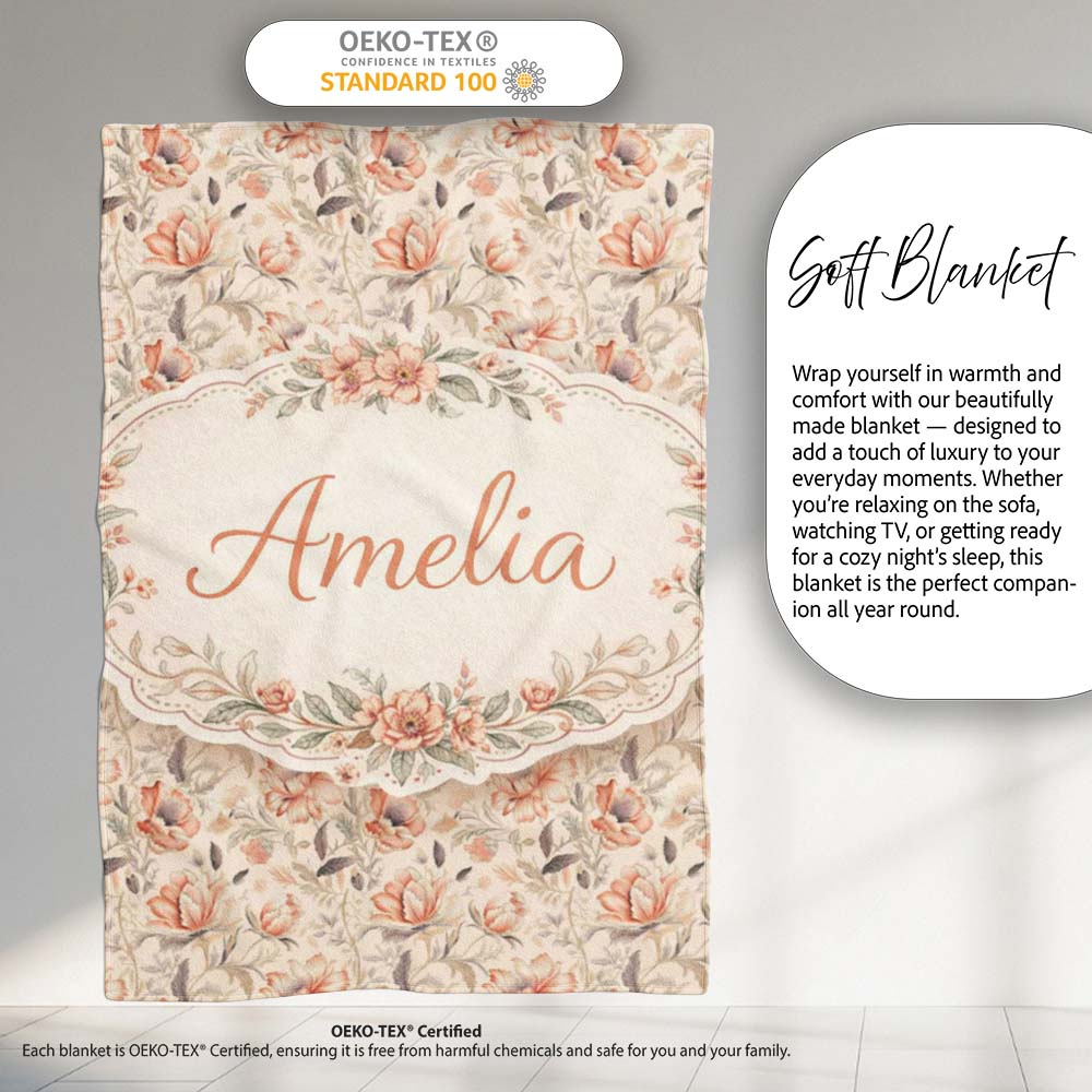 Elegant Peach Floral Blossoms on Soft Cream Background Seamless  Personalised Custom Name Super Soft Fleece Blanket Bed Sofa Throw