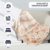 Elegant Peach Floral Blossoms on Soft Cream Background Seamless  Personalised Custom Name Super Soft Fleece Blanket Bed Sofa Throw