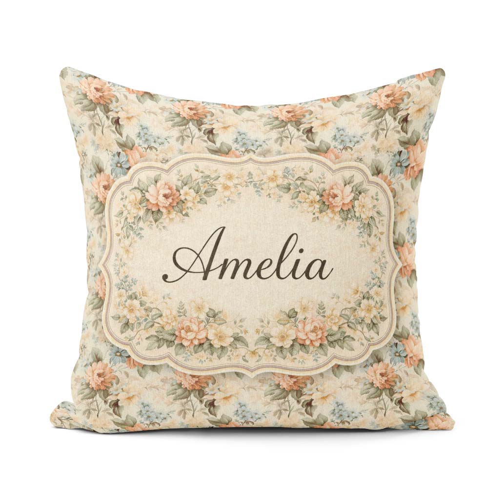 Custom Name Soft Pastel Floral Garden Bouquet on Cream Seamless Square Filled Cushion Throw Pillow Sofa Bed Home Decor Zip Washable UK Made