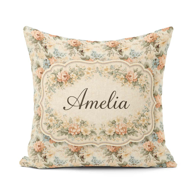 Custom Name Soft Pastel Floral Garden Bouquet on Cream Seamless Square Filled Cushion Throw Pillow Sofa Bed Home Decor Zip Washable UK Made