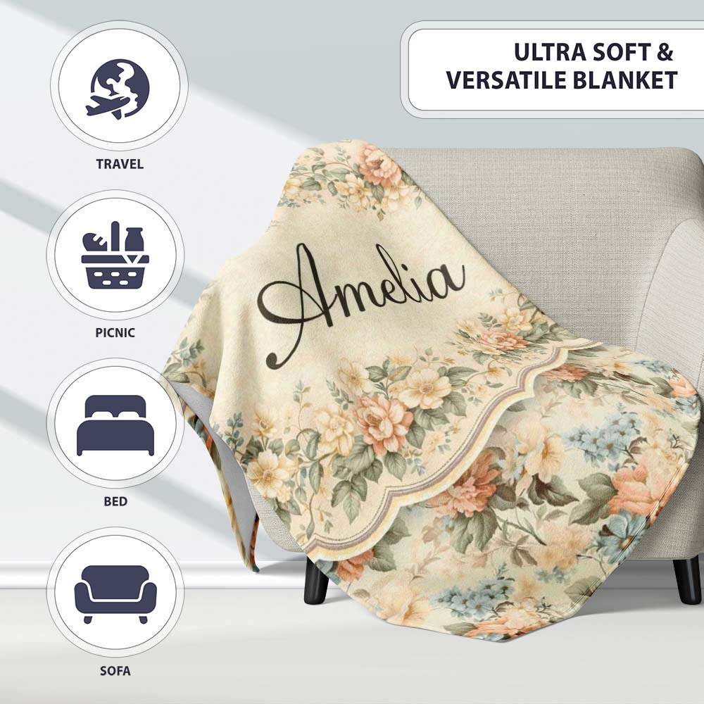 Soft Pastel Floral Garden Bouquet on Cream Background Seamless  Personalised Custom Name Super Soft Fleece Blanket Bed Sofa Throw