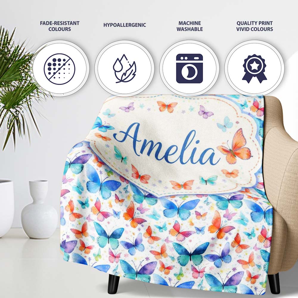 Bright Rainbow Butterflies with Colorful Floral Accents Seamless  Personalised Custom Name Super Soft Fleece Blanket Bed Sofa Throw
