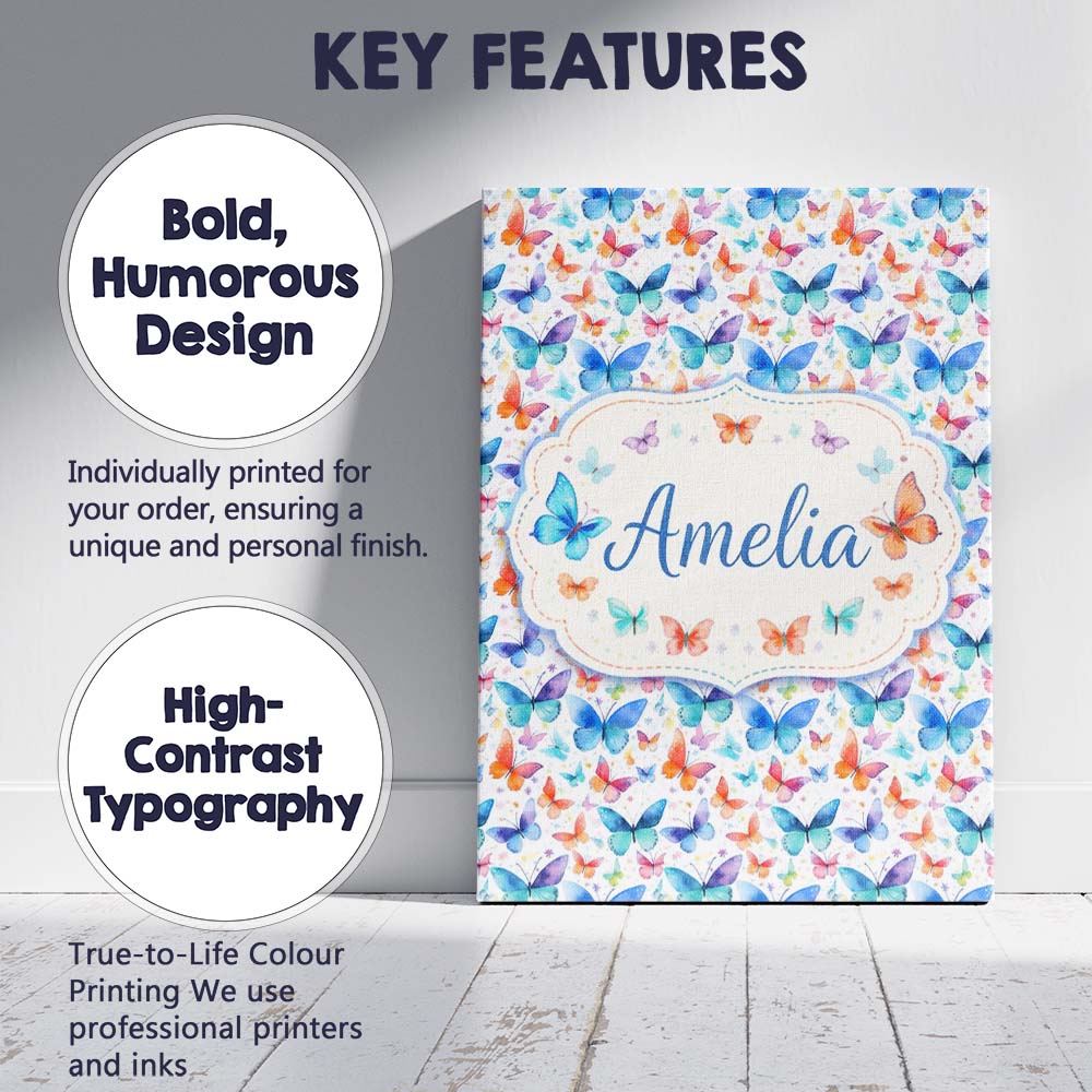 Personalised Name Bright Rainbow Butterflies Custom Bespoke  Contemporary Display Canvas Wall Art Print Decor Picture Ready to Hang