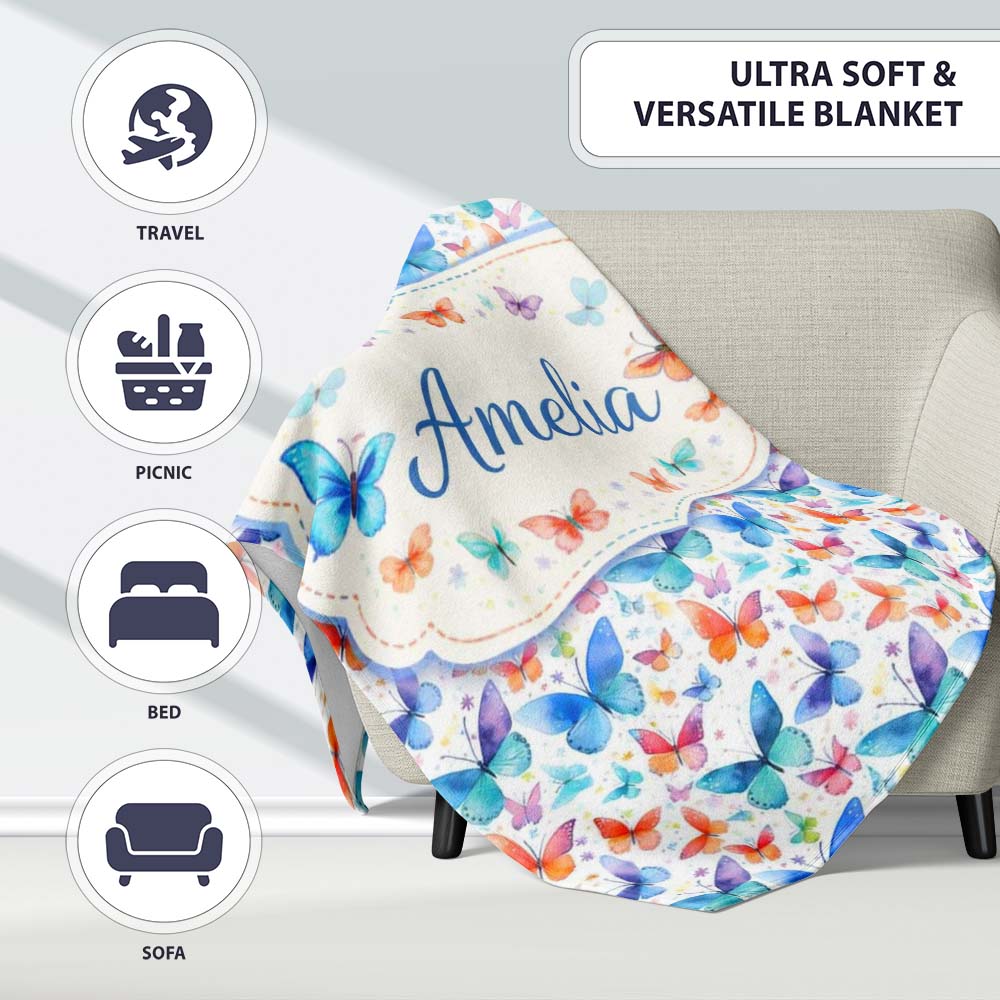 Bright Rainbow Butterflies with Colorful Floral Accents Seamless  Personalised Custom Name Super Soft Fleece Blanket Bed Sofa Throw
